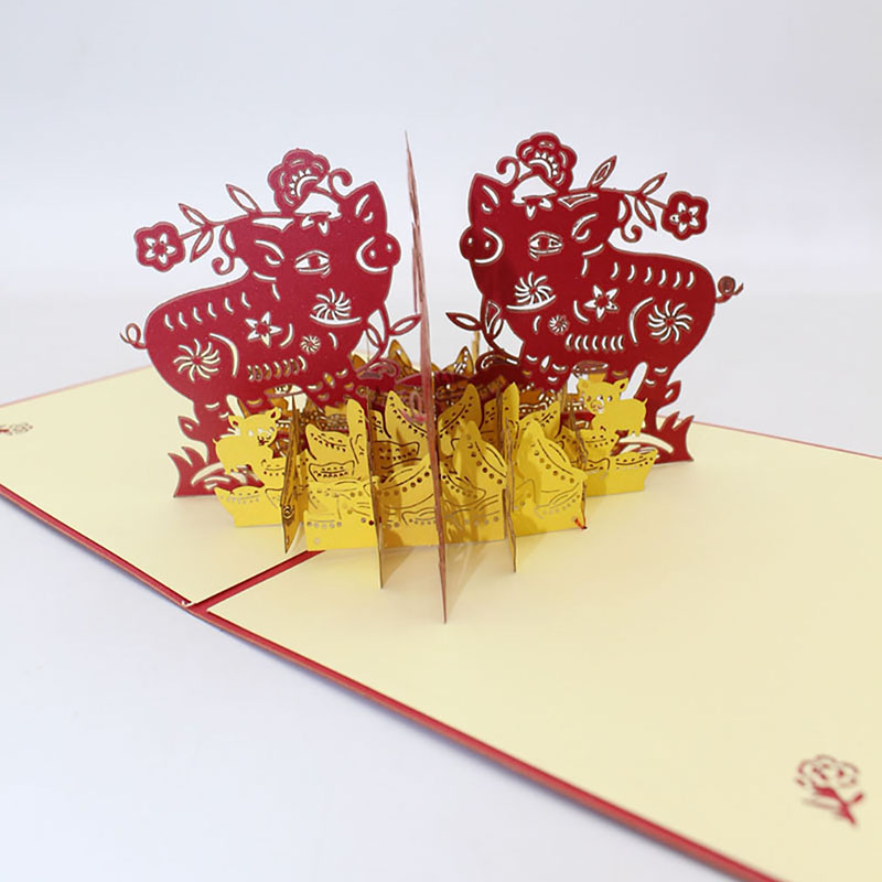 

Happy New Year 3D Stereoscopic Hollow Red Double Pig Festival Blessing Birthday Greeting Cards With Envelope Business Postcard