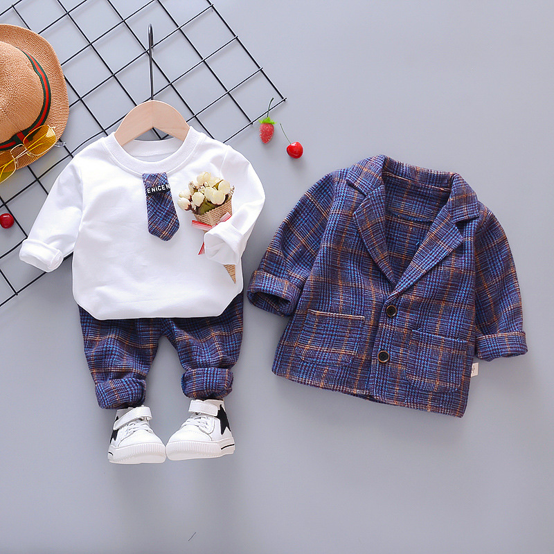 

2020 children's clothing boys cotton plaid suit turn-down tie long sleeve children's tie gentleman three-piece, As picture