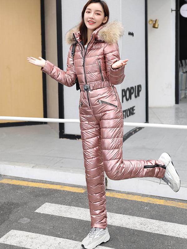 

One Piece Ski Suit Women Winter Fur Hooded Jumpsuit Cotton Padded Parka Jumpsuits Zipper Overalls Tracksuits Jacket Pants, Black
