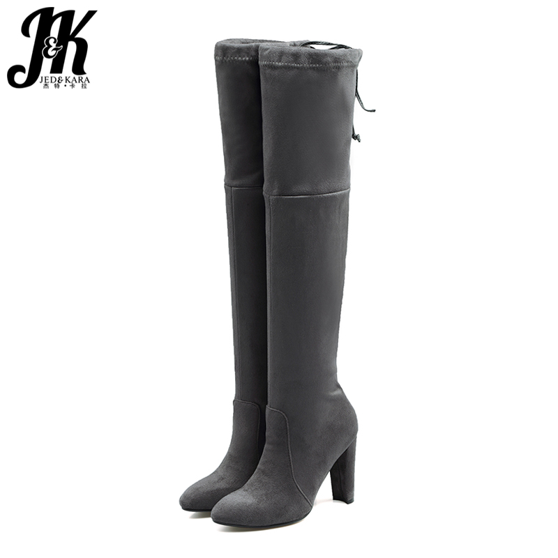 

JK Winter High Heels Stretch Boots Pointed Toe Female Shoes Over The Knee Elastic Boot Warm Short Plush Footwear Big Size 33-44, Apricot