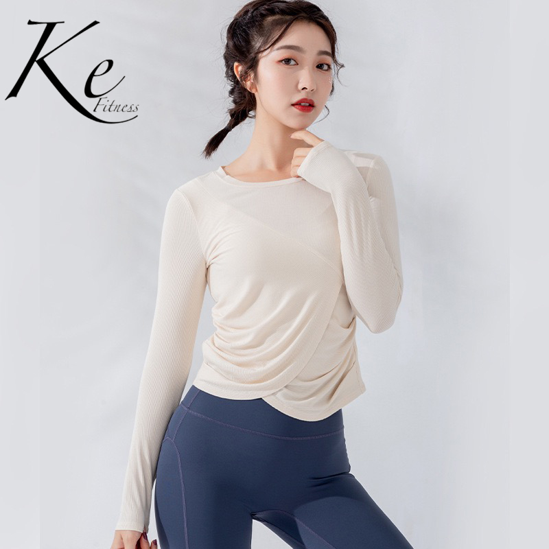 

KE autumn and winter quick-drying lightweight thread yoga fitness clothing long-sleeved running high elasticity thin hem cross, Beige