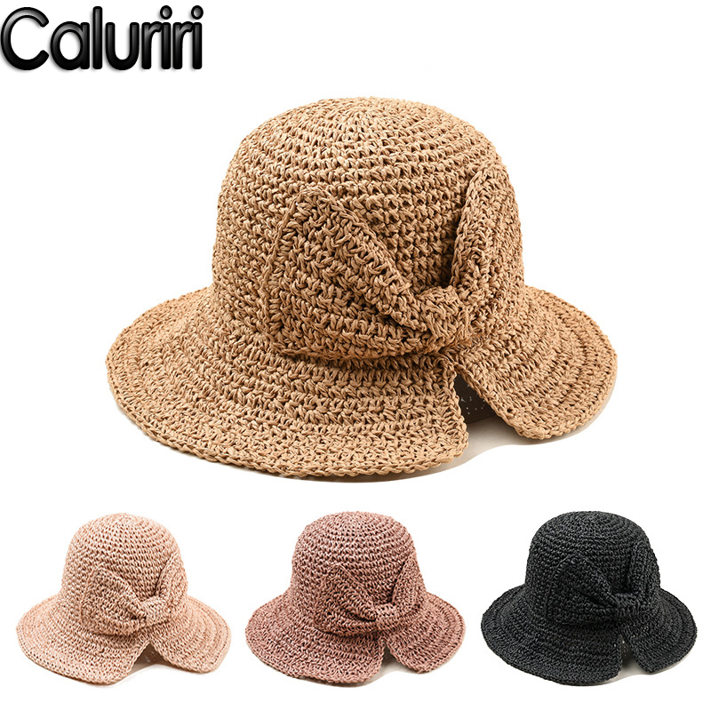 

Caluriri Paper Straw Bow Sun Hat Wide Brim Floppy Summer Hats For Women Beach Panama Straw Dome Bucket Hat, Black