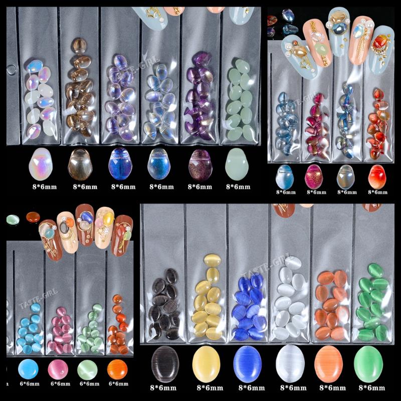 

60PCS Beauty Nail Glitter Colorful 3D Oval Round Cat Eye Cymophane Petal Translucent Jewel Resin Nail Art Rhinestone Decals Set