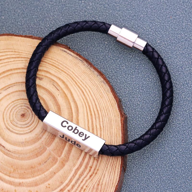 

Custom 4 Sides Name Braided Leather Bracelets Women DIY Magnet Stainless Steel Wrap Bracelet Men Gifts