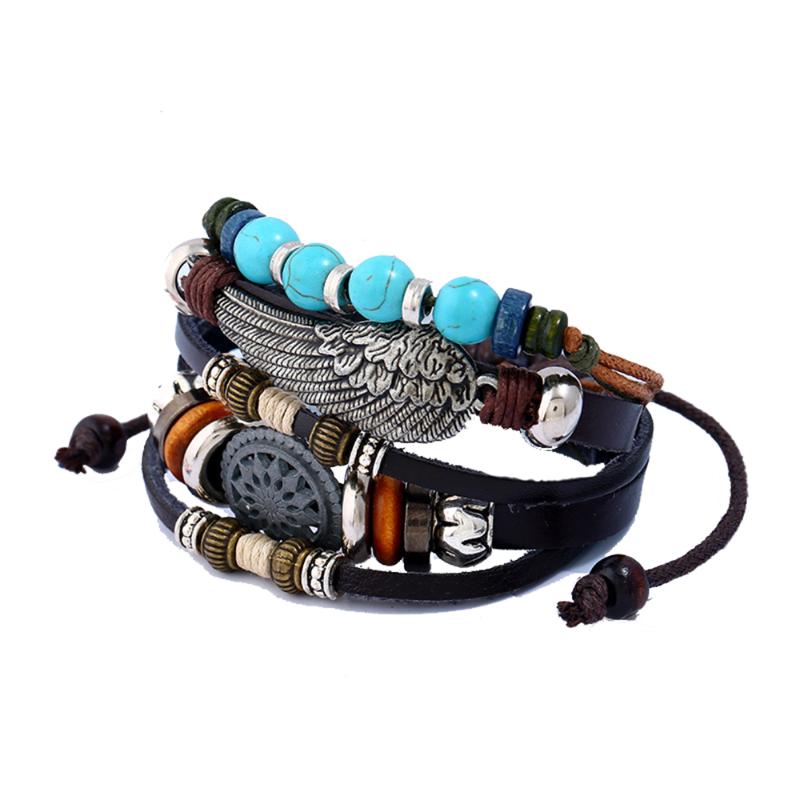 

New vintage multi-layer beaded personality leather bracelet woven alloy feather genuine leather man and women bracelet