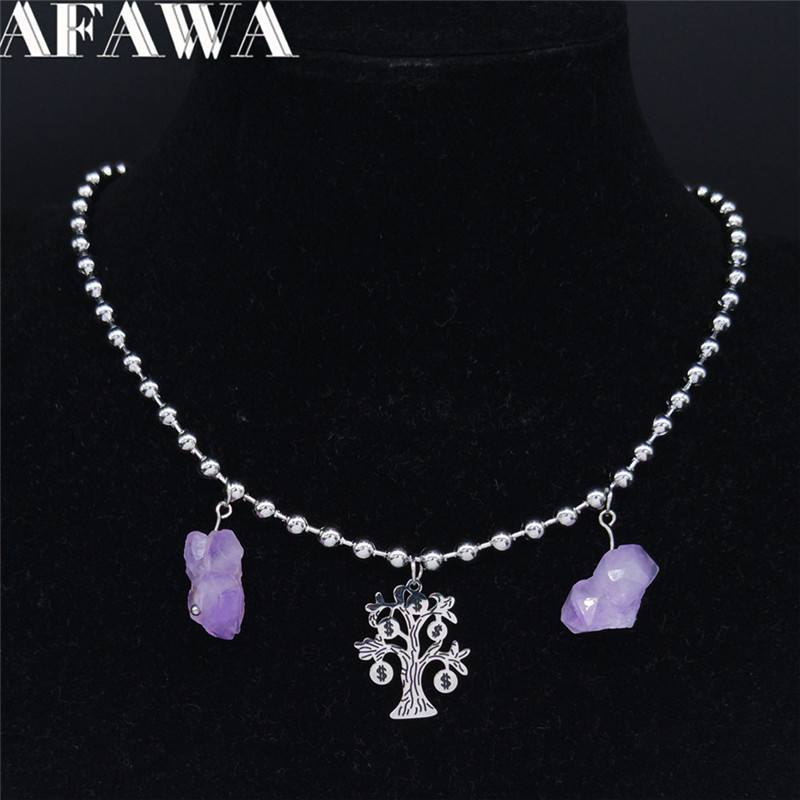 

AFAWA Get Rich Tree of Life Natural Crystal Stainless Steel Necklaces Women Silver Color Chain Necklace Jewelry joyas N3737S01