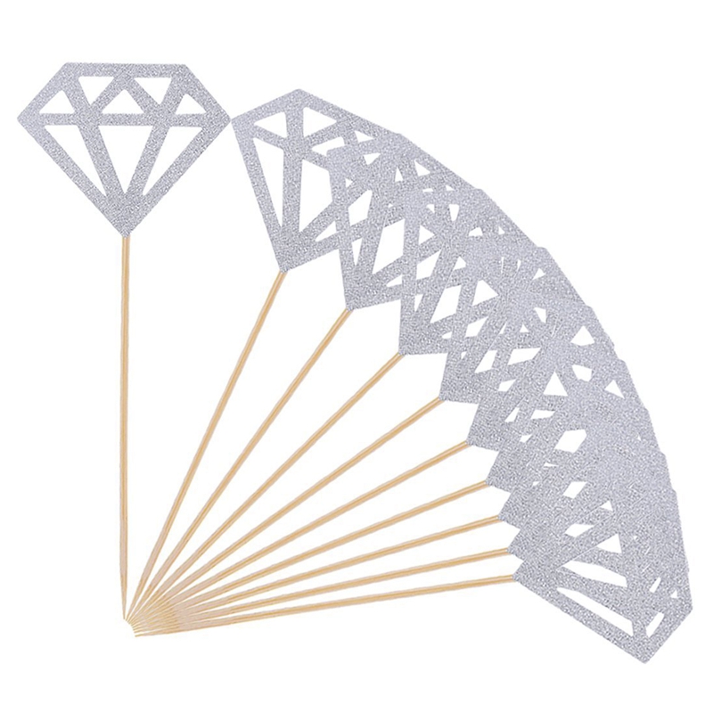 

50 Pack Cupcake Toppers Silver Glitter Diamond for Cupcake Decor Bridal Shower Decoration