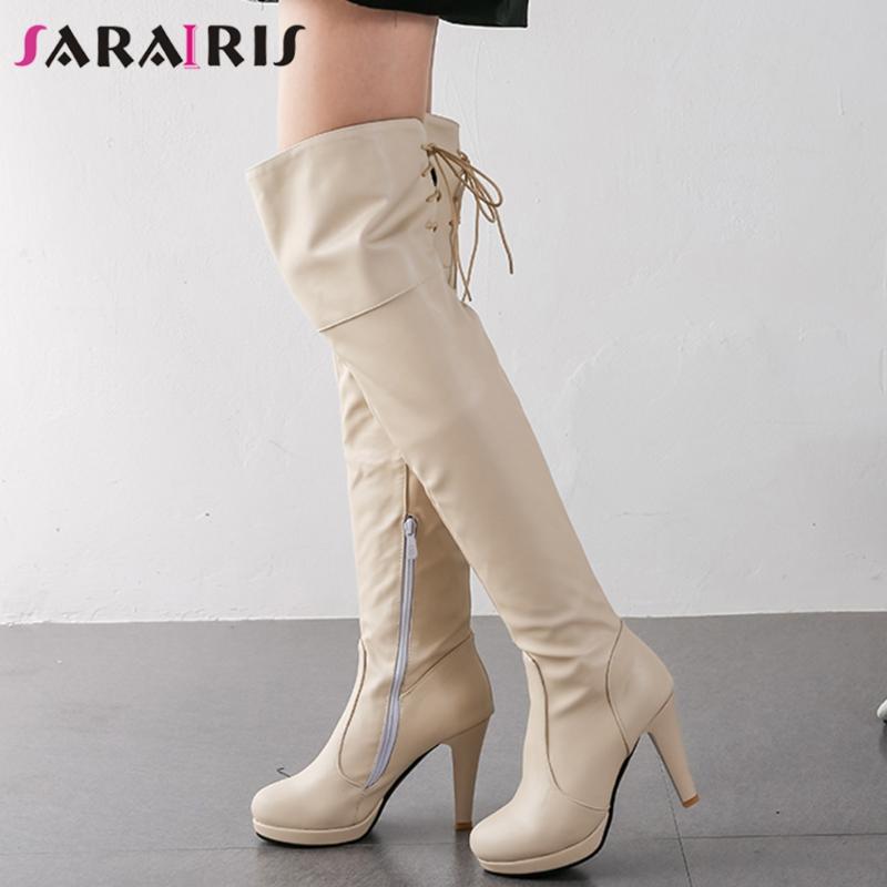 

SARAIRIS New Female 2020 Autumn Boots Over The Knee Boots Women Platform Zip Round Toe High Heels Thigh High Shoes Woman, Beige