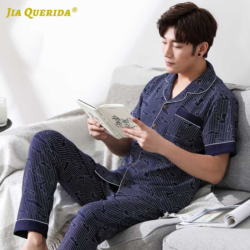 

Front Pocket Blue Men Sleepwear Men Pijama Homesuit Homeclothes Fashion Style Turn Down Collar Short Sleeve Long Pants Fashion, 7215