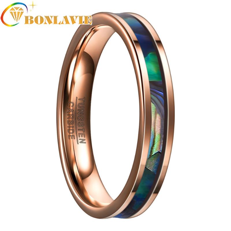 

BONLAVIE Fashion Desgin 4MM Wide Rose Gold Inlaid Abalone Shell Tungsten Steel Ring Women Men Party Jewelry Gift