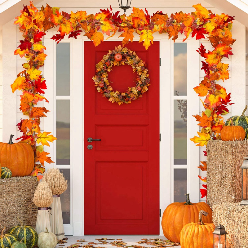

175cm-180cm Thanksgiving Rattan Artificial Plant Vine Wall Door Hanging Decor Halloween Pumpkin Berry Door Wreath, 180cm m