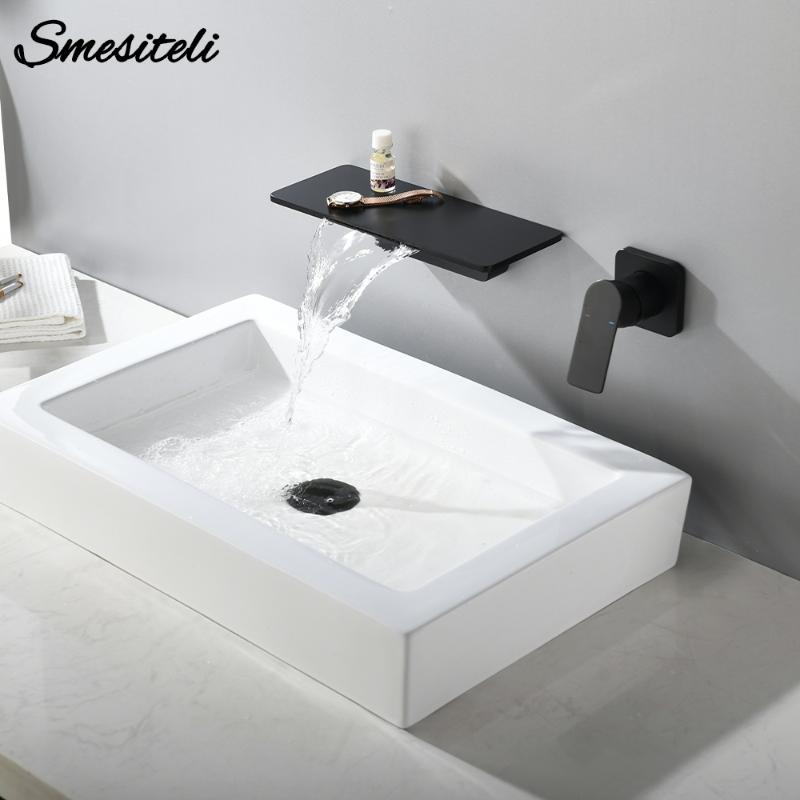

Waterfall Brass Matte Black Wall Mounted Hot and cold water Bathroom Bathtub Basin Faucet