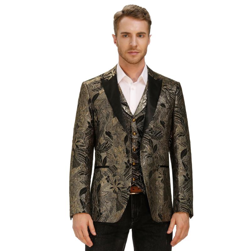 

Business Coat Men Shiny Jacquard Blazer Coat One-Button Contrast Print Retro Evening Party Lapel Back Split Tops Male Clothes, Silver