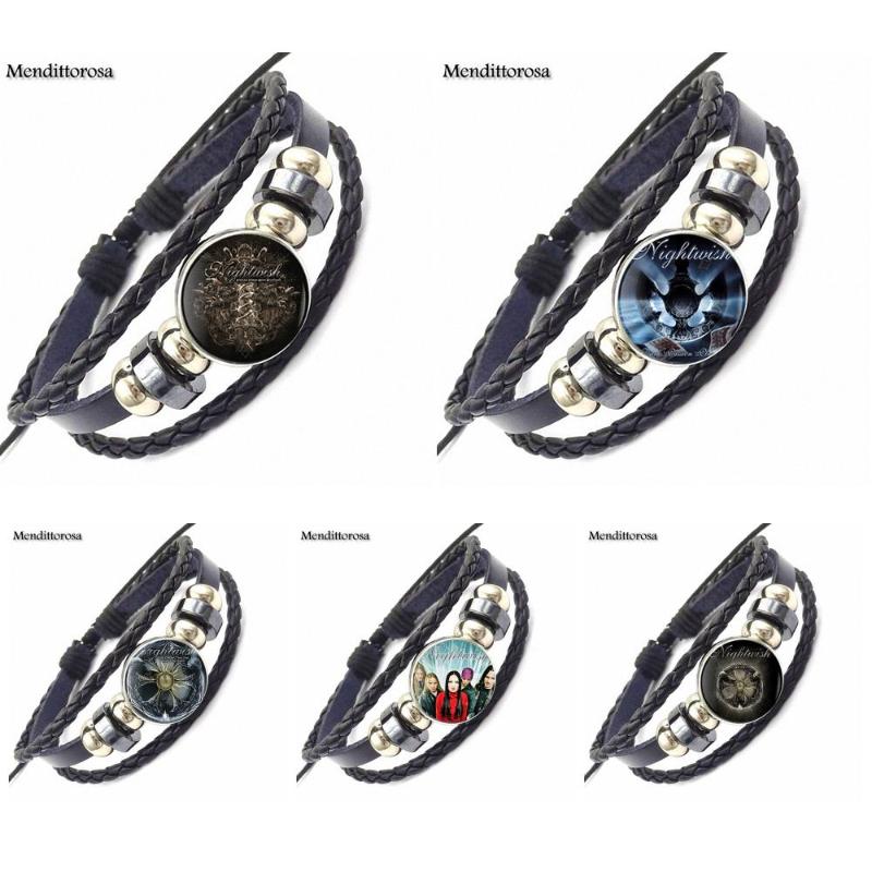 

For Girls Statement Maxi Fashion Glass High Quality Girls Black Leather Bracelet Bangles Jewelry Rock Band Nightwish