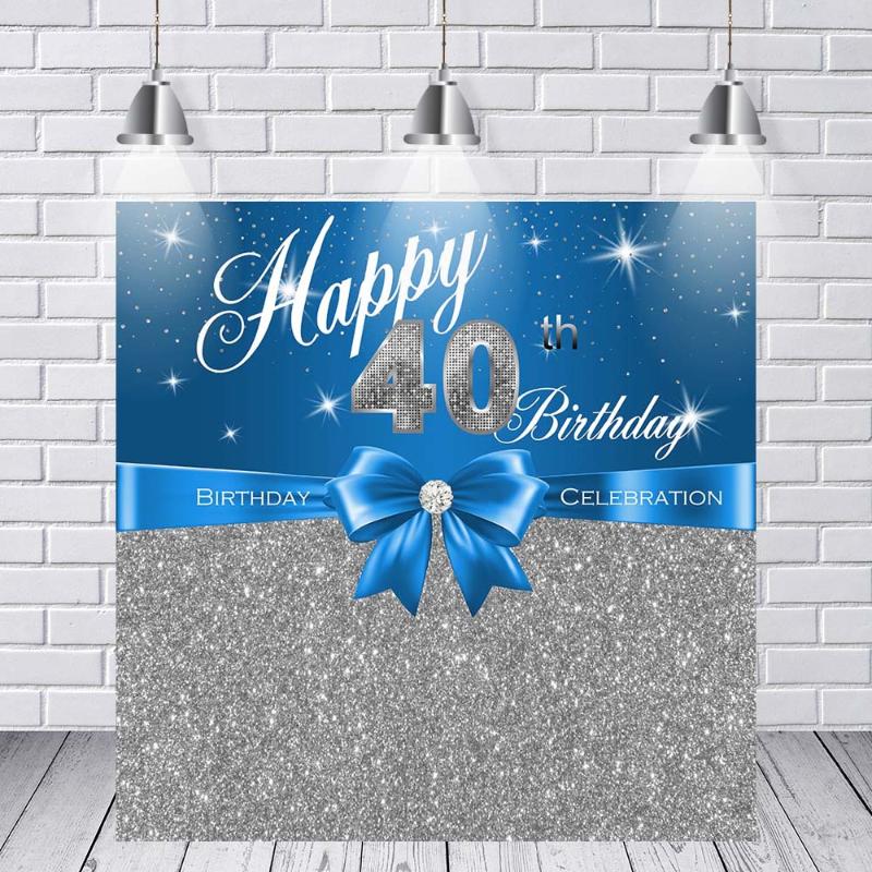 

Vinyl Photography Background Adult Luxury gentleman 40th Birthday Party Decor blue Silver Glitter Banner Backdrop Photo Studio