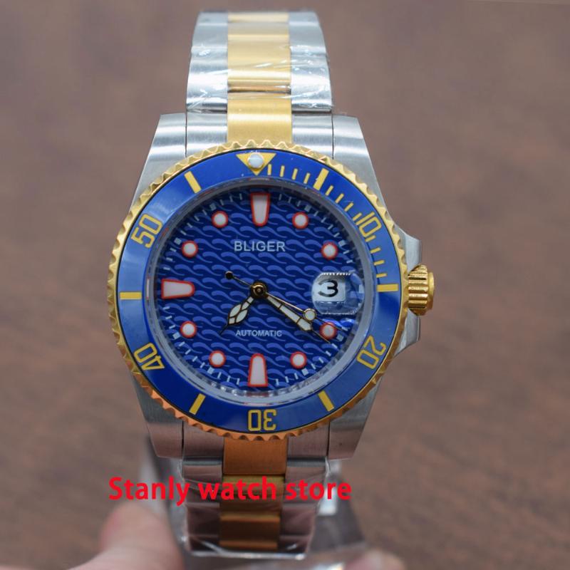 

Solid Bliger 40mm blue dial ceramic bezel luminous marks sapphire gold plated two-tone band miyota automatic movement mens watch, Mingzhu 2813