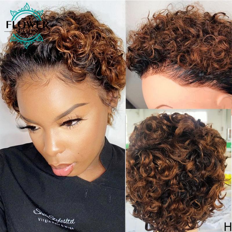 

Ombre Colored Lace Front Human Hair Wigs Pixie Cut 130% Density Short Curly Brazilian Remy Hair Lace Wigs 13X4 FlowerSeason, Natural color