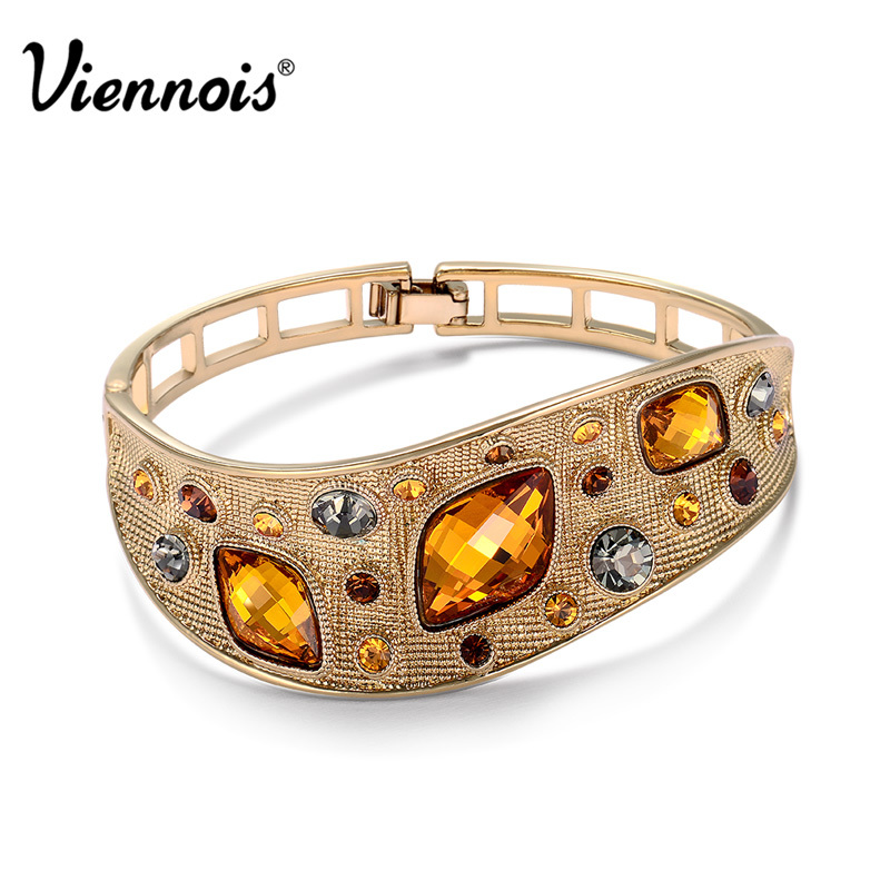 

Viennois Fashion Jewelry Coffee Gold Color Alloy Woman Vintage Bangles with Top Austrian Rhinestone Orange Crystal