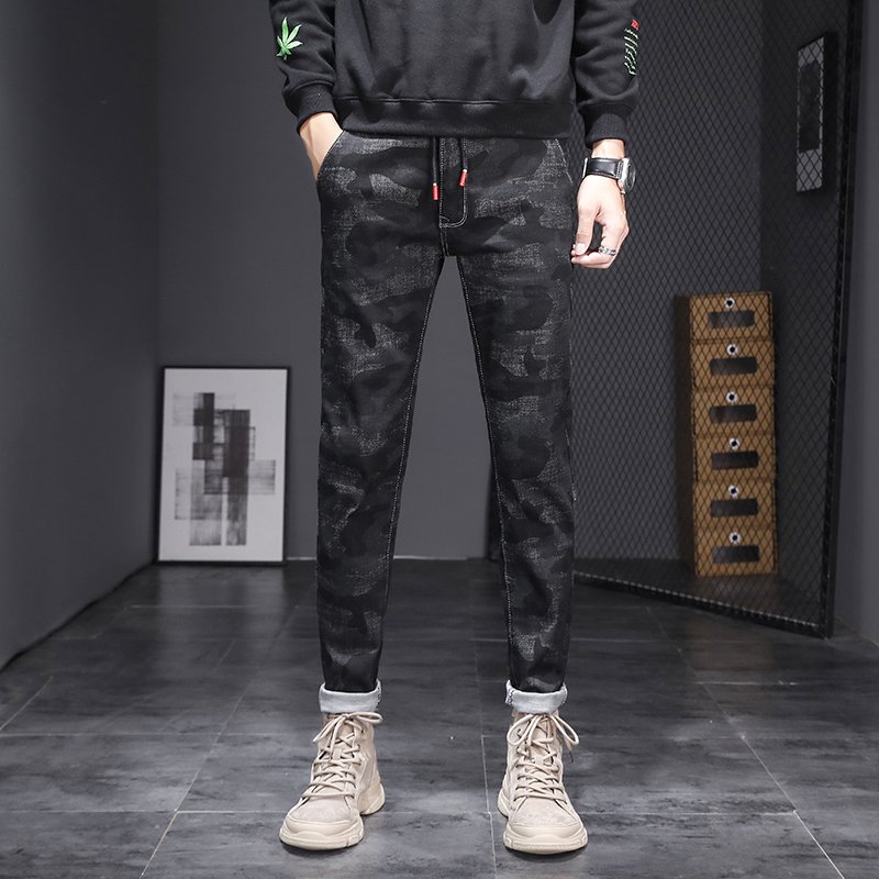 

Model high elastic denim trousers male gray background new winter cultivate one's morality, Black