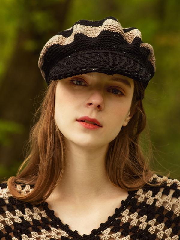 

B-7948 Handmade Knitting Beret Hat Adult British Elegant Striped Casquette Adjustable Hats Vintage Beret Octagonal Hat, Stripe