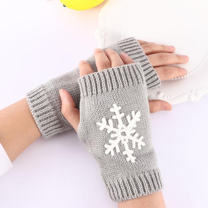 

New Christmas Snowflake Gloves Girls Knit Gloves Half Finger Winter Soft Warm