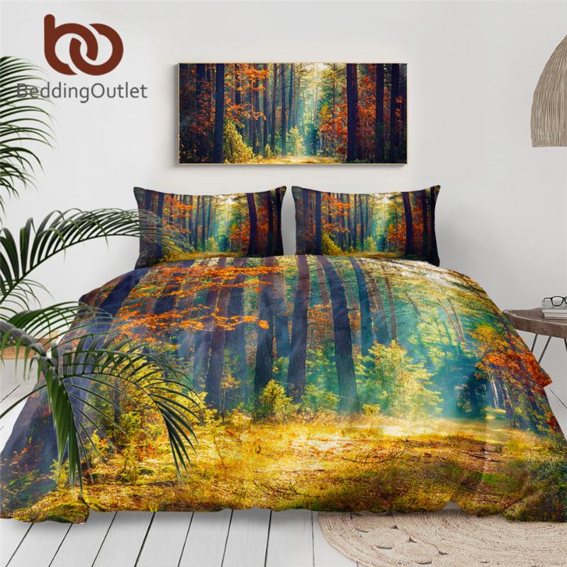 

BeddingOutlet Nature Bedding Set Autumn Forest Leaf Comforter Cover Morning Scenery Bed Cover Set Trees Landscape Bedspreads
