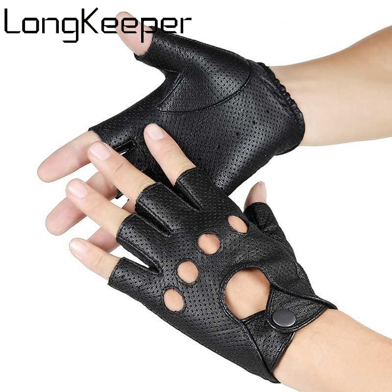 

LongKeeper Half Finger Gloves Men Women Hollow PU Leather Mittens Black Fingerless Gloves Female Dancing Show Driving Luvas