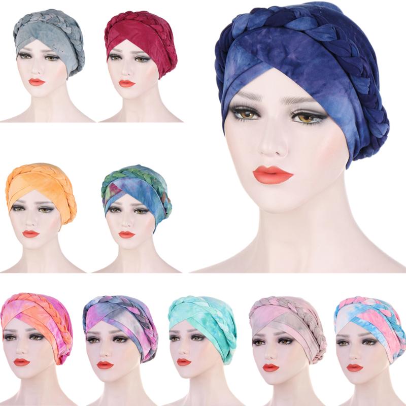 

New Tie Dye Printed Turban Cap Muslim Women Ladies Chemo Hat Braid Headscarf Beanie Bonnet Islamic Headwear Wrap Hair Loss Cover, 06 pink orange