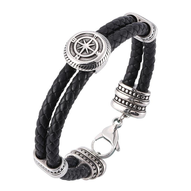 

Retro personality round black woven double leather bracelet Stainless steel fashion glamour men's bracelet 7-SP0172