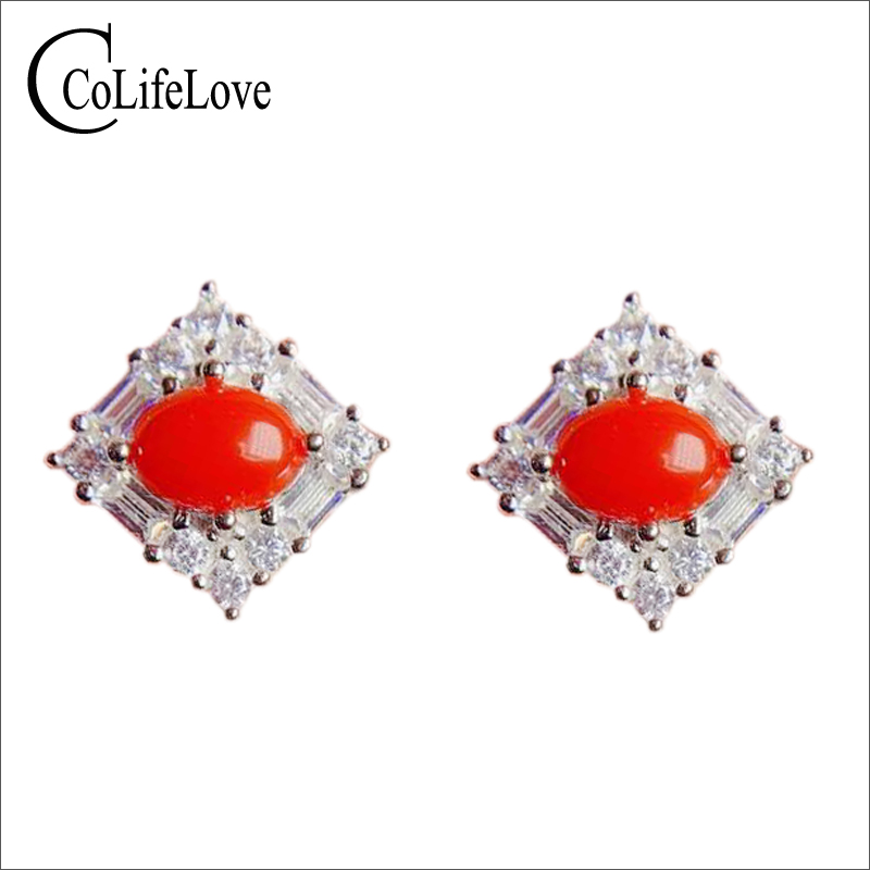 

CoLife Jewelry 925 Silver Red Coral Stud Earrings 5mm*7mm Natural Red Coral Earrings Silver Precious Jewelry Gift for Girl