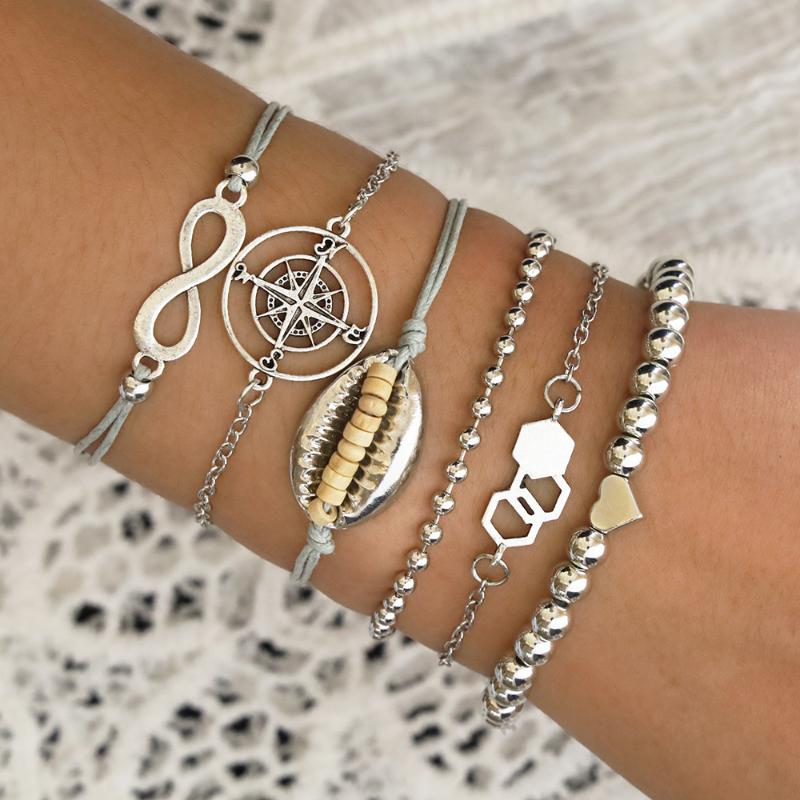 

6 Pcs/Set Alloy Shell Compass Charm Bracelet for Women Heart Beads Hand Chains Female 2020 Fashion Jewelry Geometry Bracelets