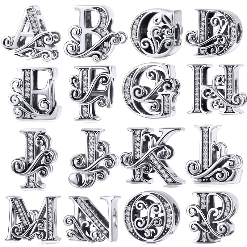 

fit Europe Bracelet 925 Sterling Silver White CZ Carved English Letters Charms Cute Design Alphabet Shaped Beads Jewelry Making