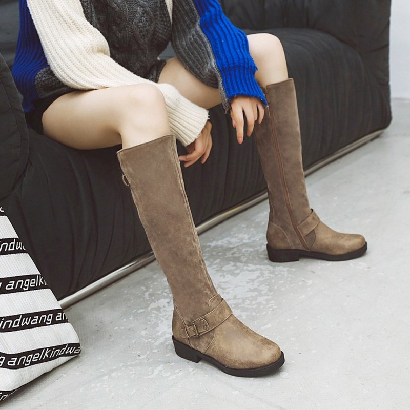 

New Fashion Knee High Boots Women Round Toe Buckle Pu Mixed Colors Autumn Winter Boots Comfortable Low Heels Shoes Woman MAZIAO, Black