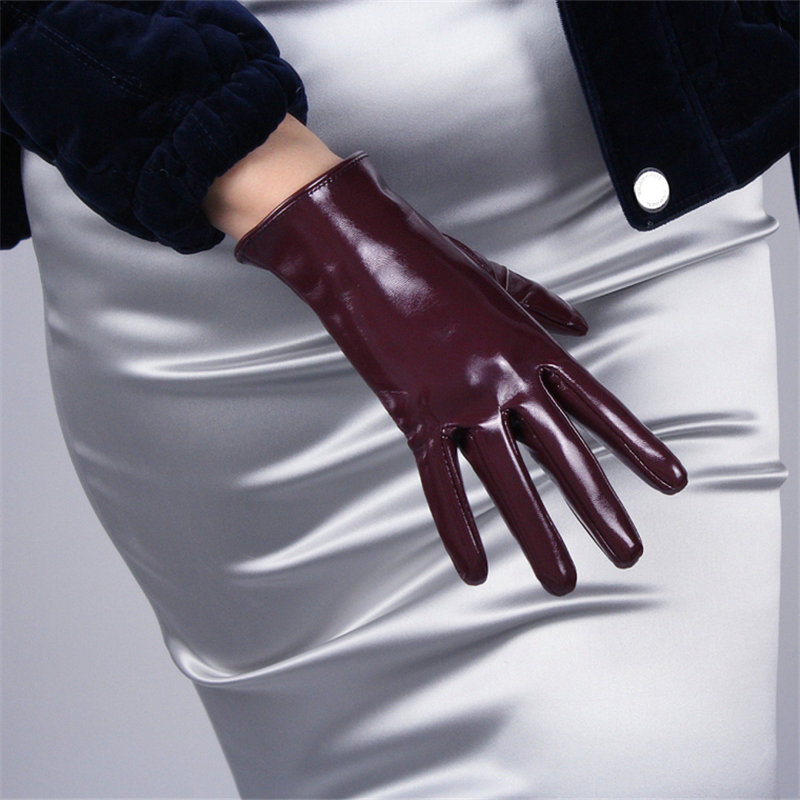

21cm Patent Leather Gloves Short Section Emulation Leather Mirror Bright Wine Red Dark Red Purple Touchscreen Female PU90