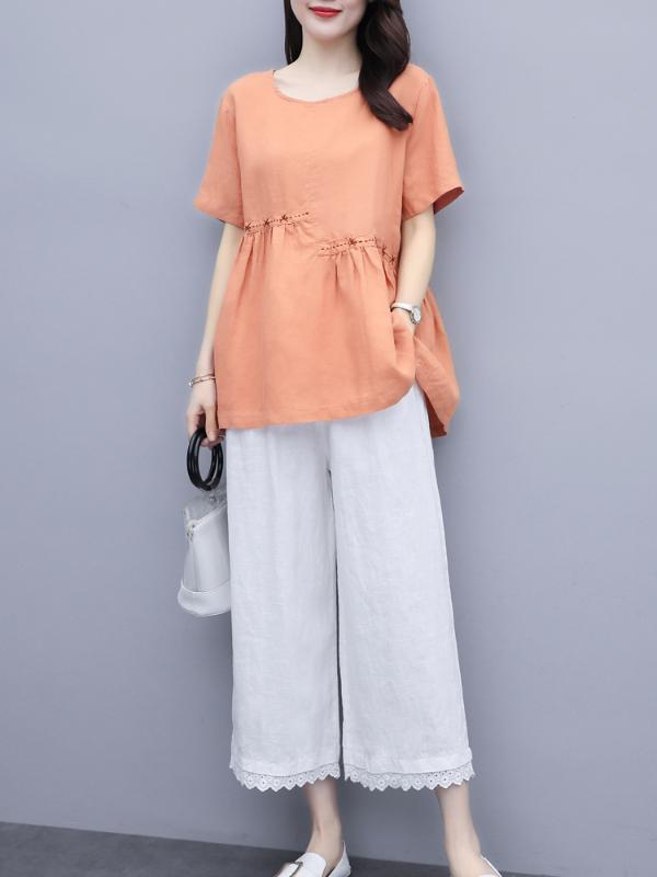 

CHKECotton linen wide leg pants set women's summer 2020 women's casual loose belly size slim linen two-piece set0513, Orange
