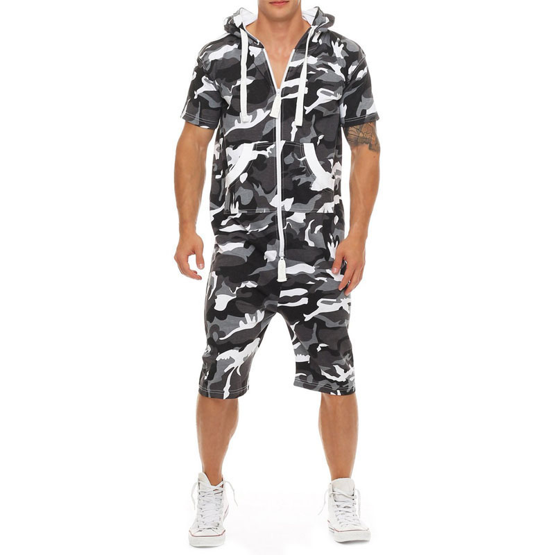 

2020 new Men's sets Jumpsuit Patchwork Camouflage Tracksuit Casual Zipper Short Sleeve Hooded with Pockets Short Overalls F815, Black