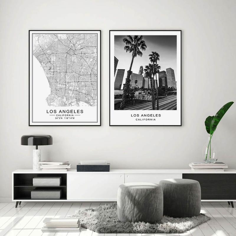 

Los Angeles City Map Modern Building Landscape Canvas Painting Poster Print Black White Wall Art Pictures Living Room Home Decor