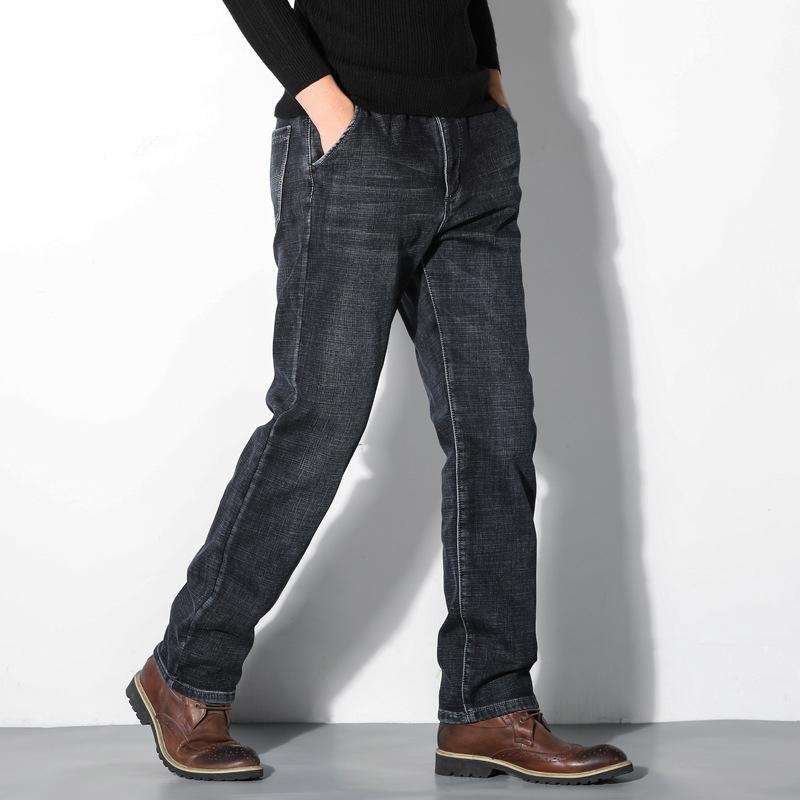 

2020 winter new men's warm slim-fit zipper jeans business fashion thick wool lining jeans, Photo color