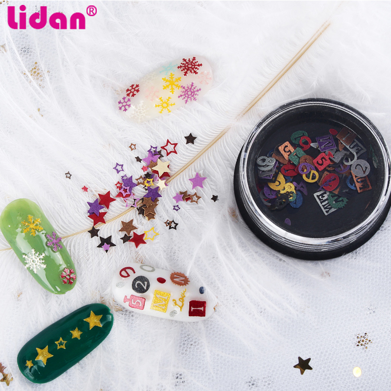 

1 box wood hollow Slices Nail Metal Sequins Christmas Decoration Snowflower figure Stars Nail Art Sticker Decals Patch