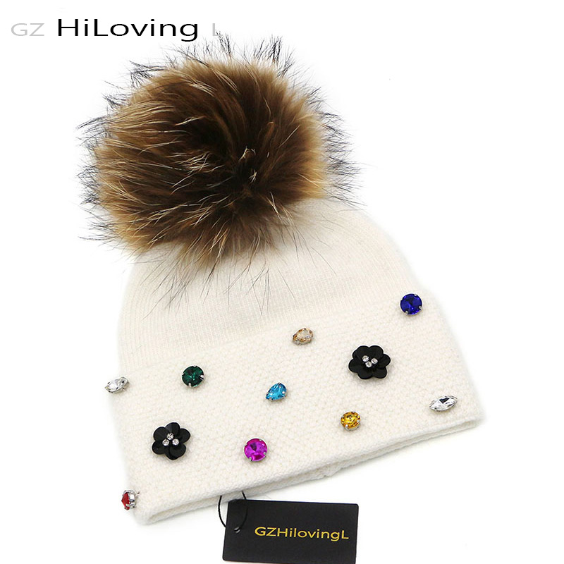 

GZhilovingL Winter Hat For Women Fur Pompom Hat Soft Warm Wool Knitted Fashion Diamond Flower Winter Girls Skullies Cap, Black