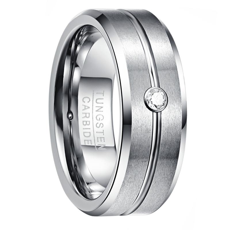 

Men's 8mm Tungsten Carbide Rings Cubic Zirconia Grooved Tungsten Wedding Band Rings Matte Finish Polished Beveled Edge