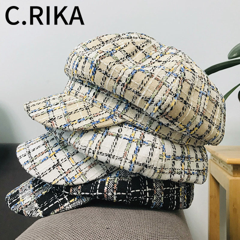 

New Autumn Winter Women Fashion Vintage Tweed Plaid Octagonal Cap Lady Girls Outdoor Travel Berets Female Painter Hat Gorras, White