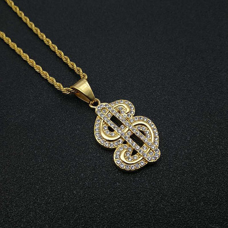 

Hip Hop Rhinestones Paved Gold Color Stainles Steel Money Dollars Sign Pendants Necklaces for Men Rapper Jewelry Gift