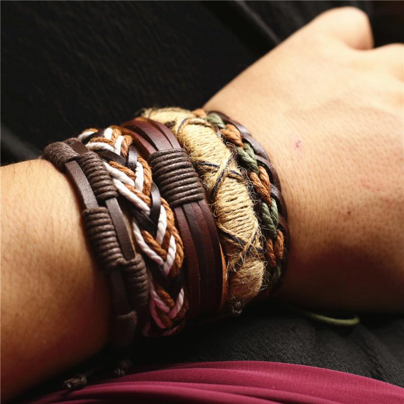 

LUOBOTOU Heart Feather Skull Charm Genuine Leather Women Bracelets Men Bangles Femme Homme Jewellery 5 pcs/set Freely Shipping