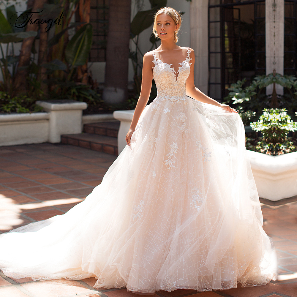 

Traugel Chic Scoop A Line Lace Wedding Dresses Elegant Applique Cap Sleeve Button Bride Dress Court Train Bridal Gown Plus Size, Champagne