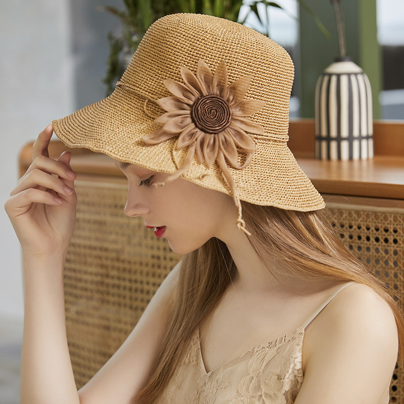 

Sun Protection Straw Hat Female Summer Sunscreen Simple Flower Basin Cap Shopping Beach Fashionable Fisherman Visor Hats H6574, Khaki
