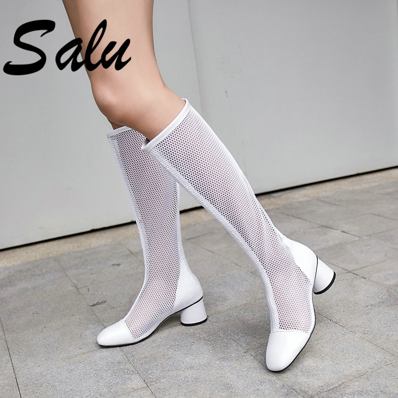 

Salu Knee High Boots Women Gladiator Mesh Round Toe Zipper Shoes Woman Genuine Leather Footwear 2020 New Fashion Summer Boots, Black