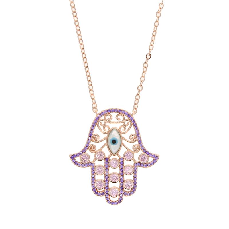 

new rose gold color purple red hamsa hand pendant fatima's hand choker high quality cz Turkish evil eye long necklace jewelry
