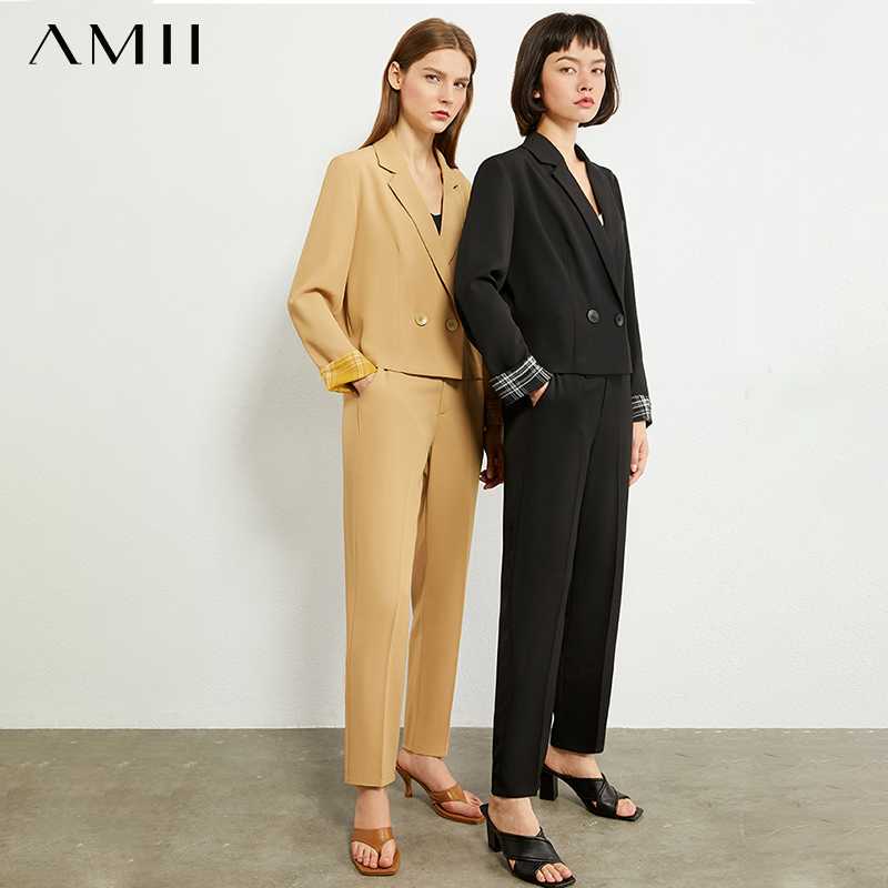 

AMII Minimalism Autumn Fashion Women Set Solid Lapel Short Women Suit Coat High Waist Straight Suit Pants Female 12020200, Hkaki pant