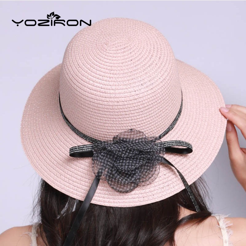 

Ribbon Flower Women Summer Straw Caps Casual Adult Solid Ladies Sun Hats Beach Foldable Pink Ribbon Floral Bucket Hats, Khaki